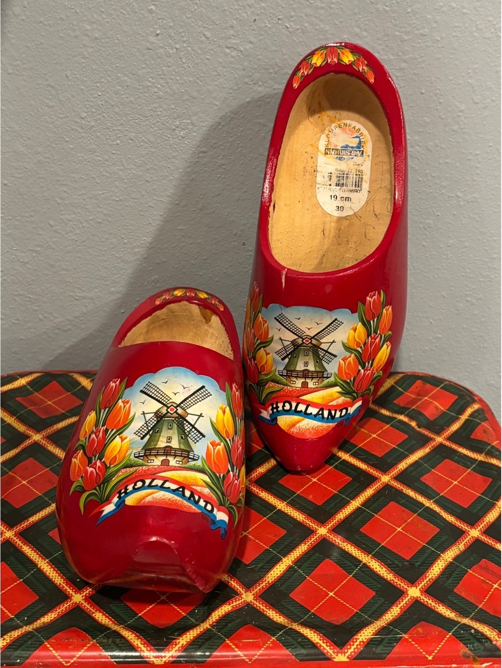 Vintage Red Wooden Dutch Clogs with Windmill and Tulip Design